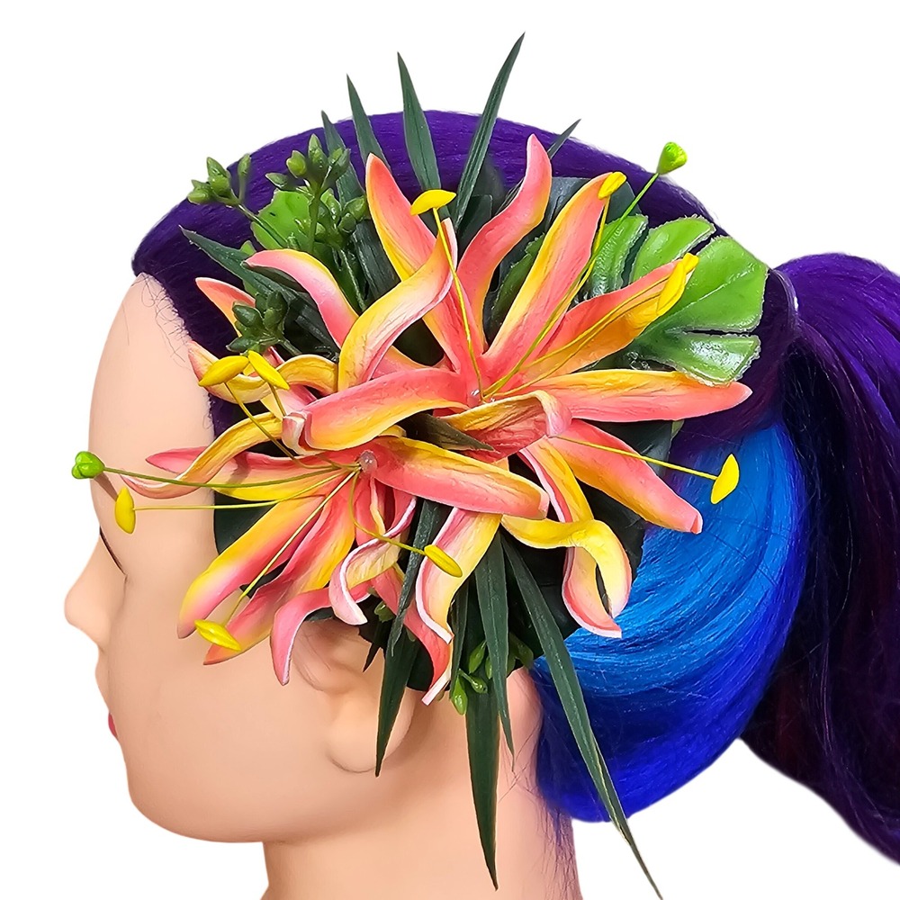 Red Yellow Tropical Lily‎ Hair Flower Clip Rockabilly Tiki Pinup VLV Burlesque